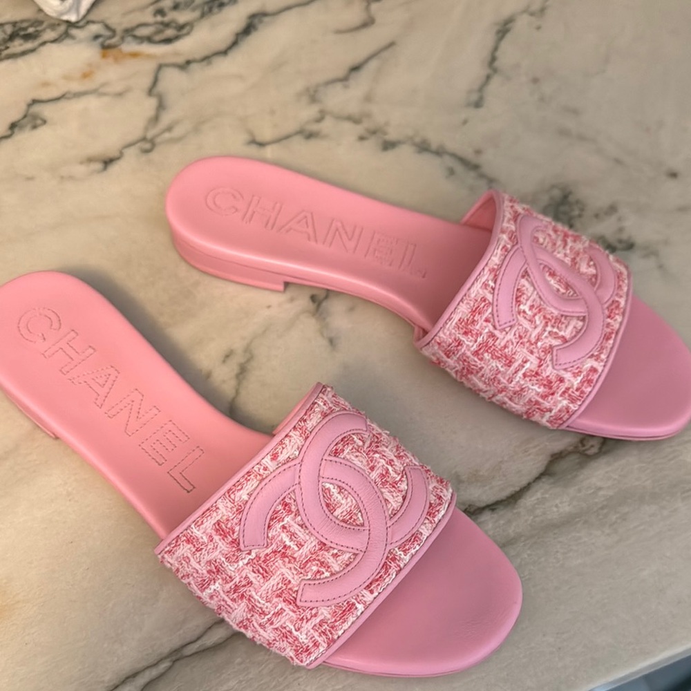Chanel Pink Tweed Slides